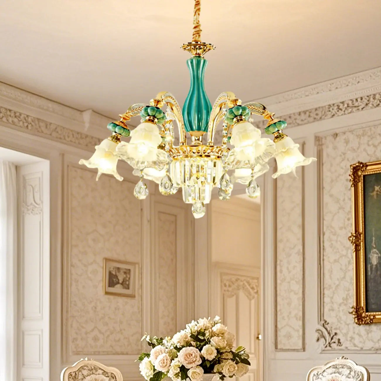 Lustre en cristal avec éclairage encastré pour salon et forme de fleur en verre