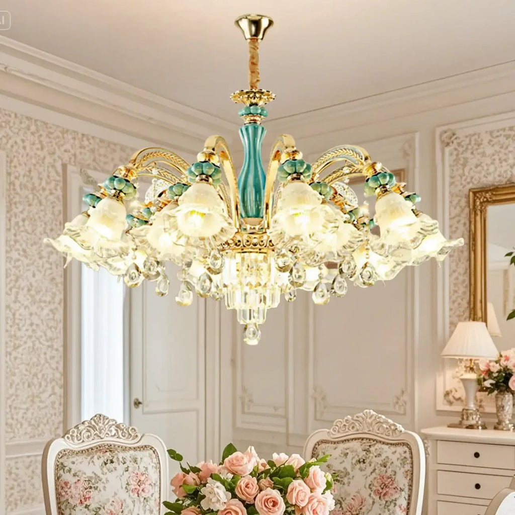 Lustre en cristal avec éclairage encastré pour salon et forme de fleur en verre