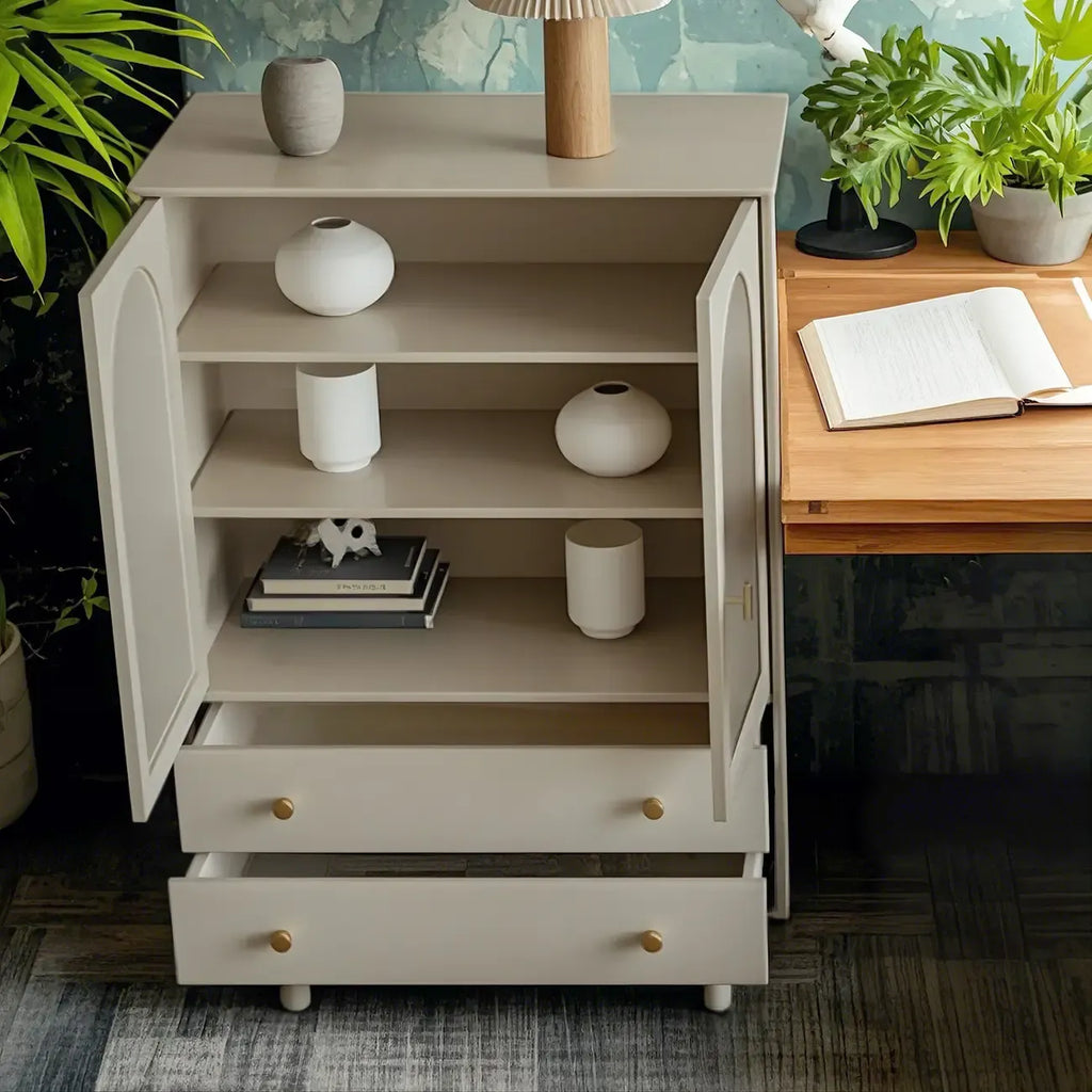 Commode élégante en bois avec étagères et 4 tiroirs