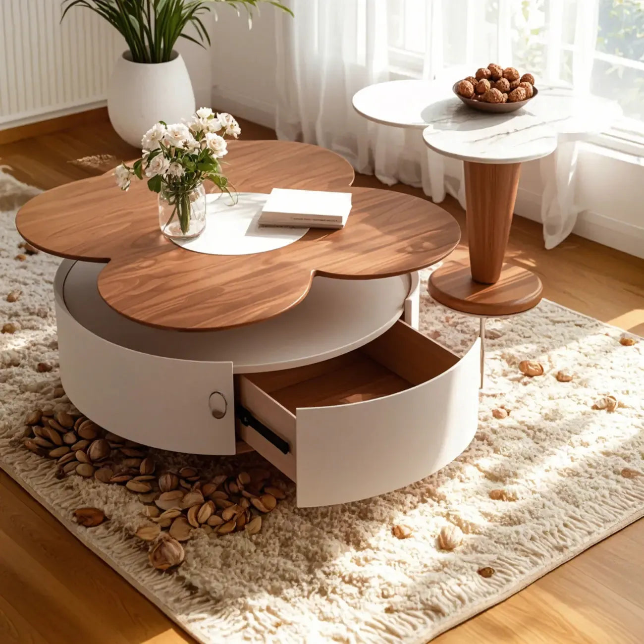 Table basse gigogne moderne Beiger Free Form avec tiroir