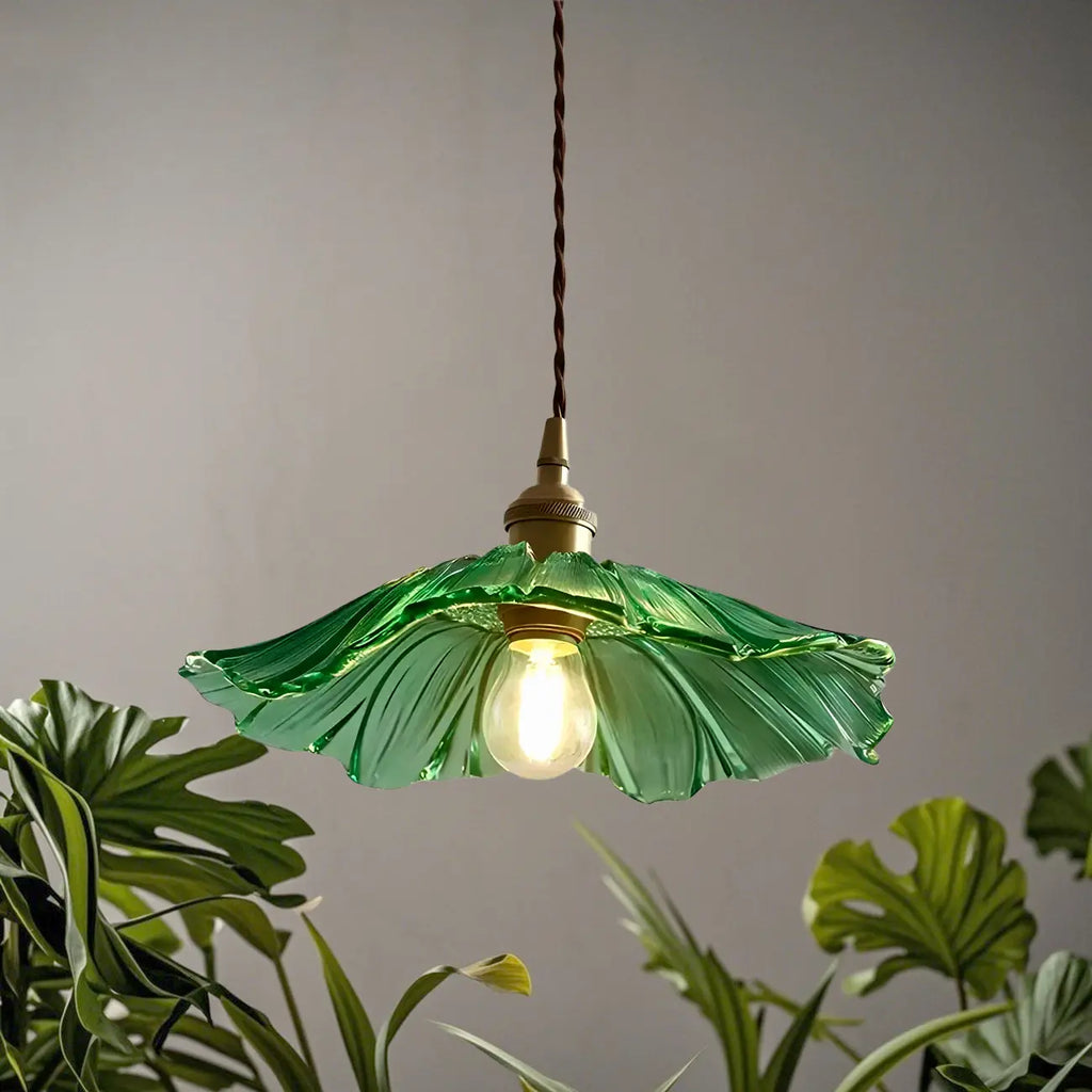 Suspension design en verre transparent en forme de feuille de lotus pour chambre à coucher