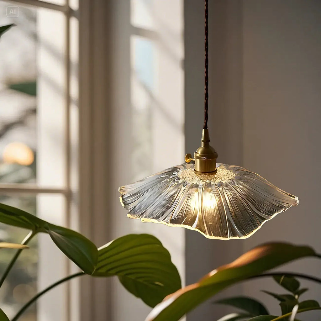 Suspension design en verre transparent en forme de feuille de lotus pour chambre à coucher
