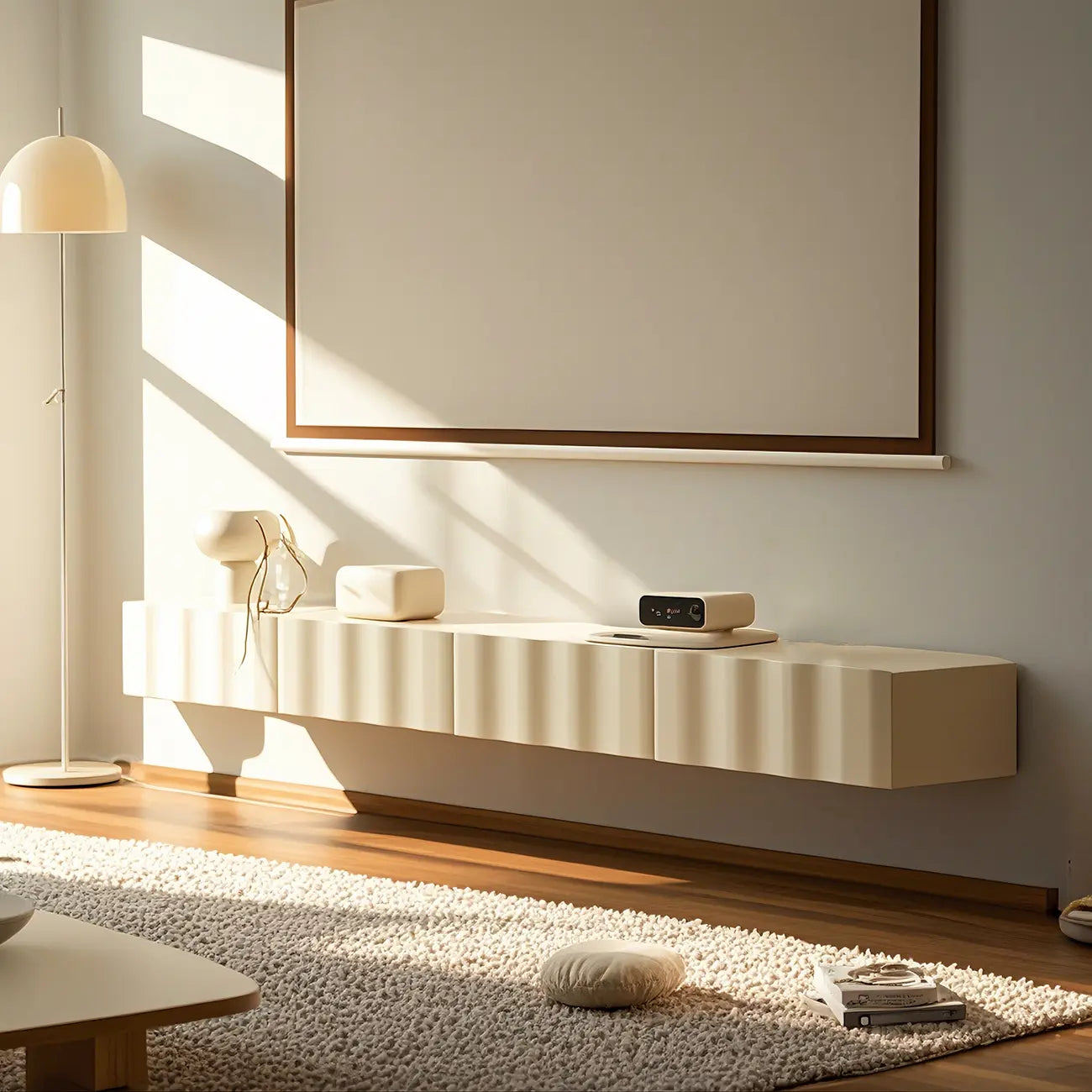 Meuble TV contemporain en bois blanc à motif vague flottante avec tiroirs