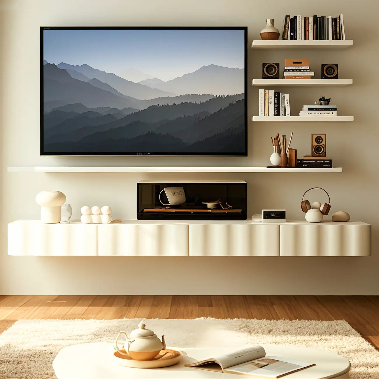 Meuble TV contemporain en bois blanc à motif vague flottante avec tiroirs