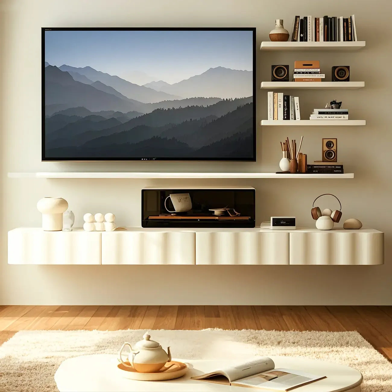 Meuble TV contemporain en bois blanc à motif vague flottante avec tiroirs