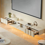 Meuble TV contemporain en bois blanc à motif vague flottante avec tiroirs