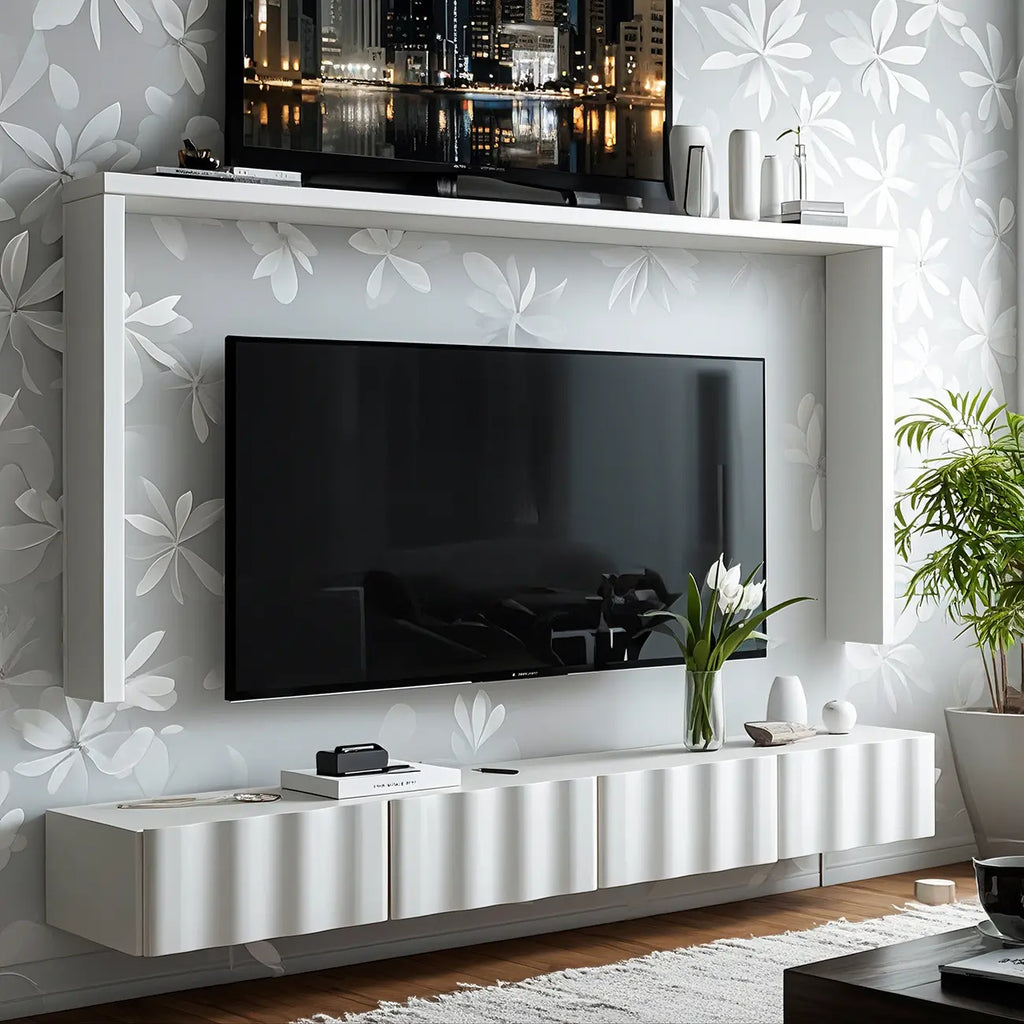 Meuble TV contemporain en bois blanc à motif vague flottante avec tiroirs