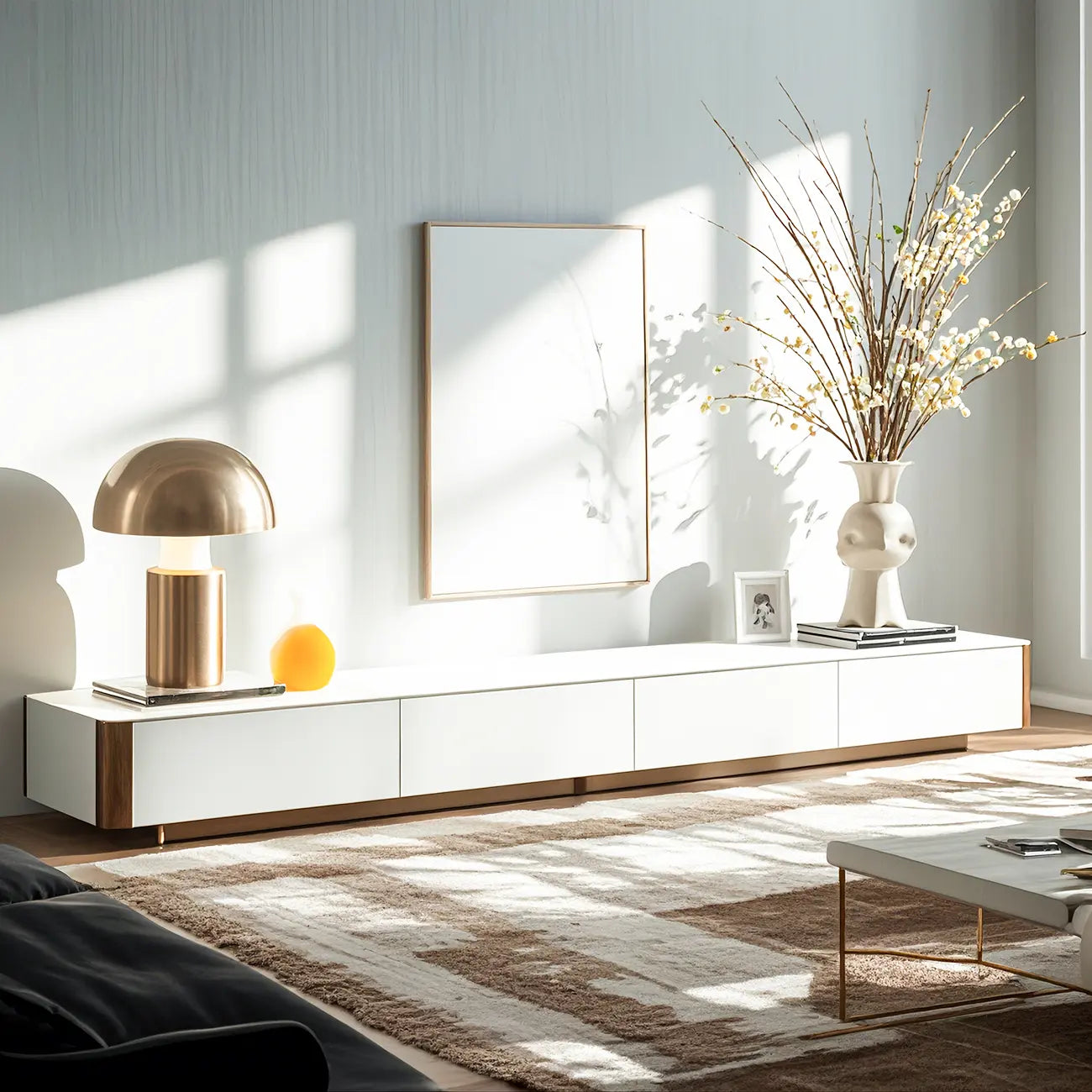 Meuble TV minimaliste en pierre blanche avec rangement pour salon