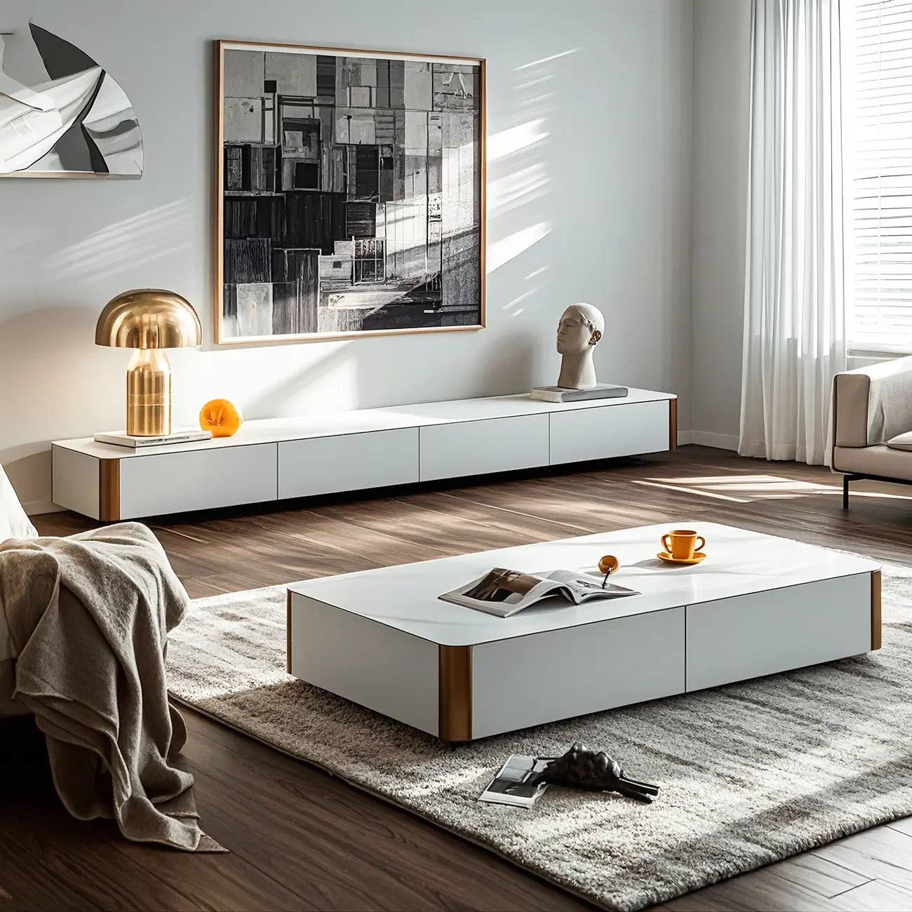 Meuble TV minimaliste en pierre blanche avec rangement pour salon