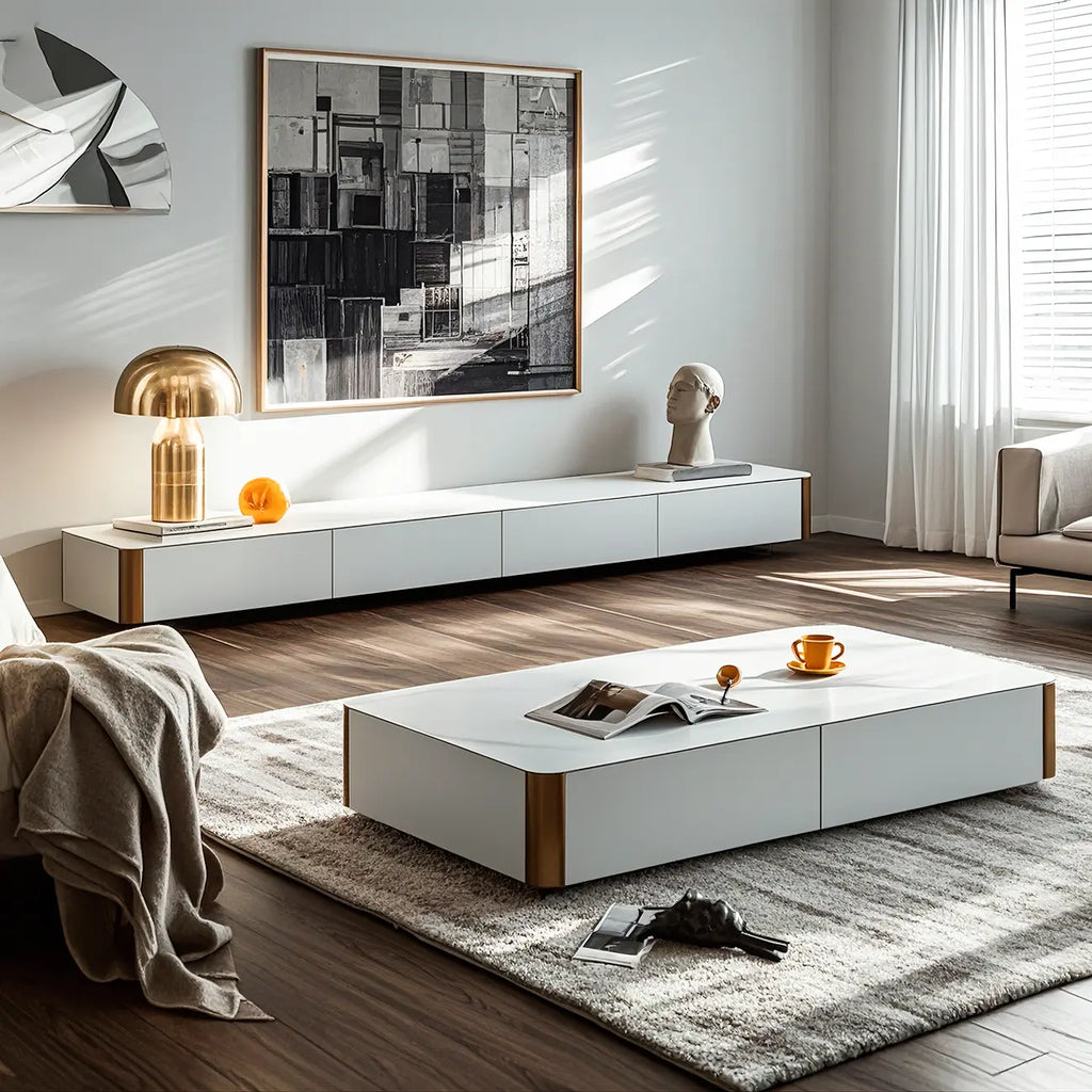 Meuble TV minimaliste en pierre blanche avec rangement pour salon