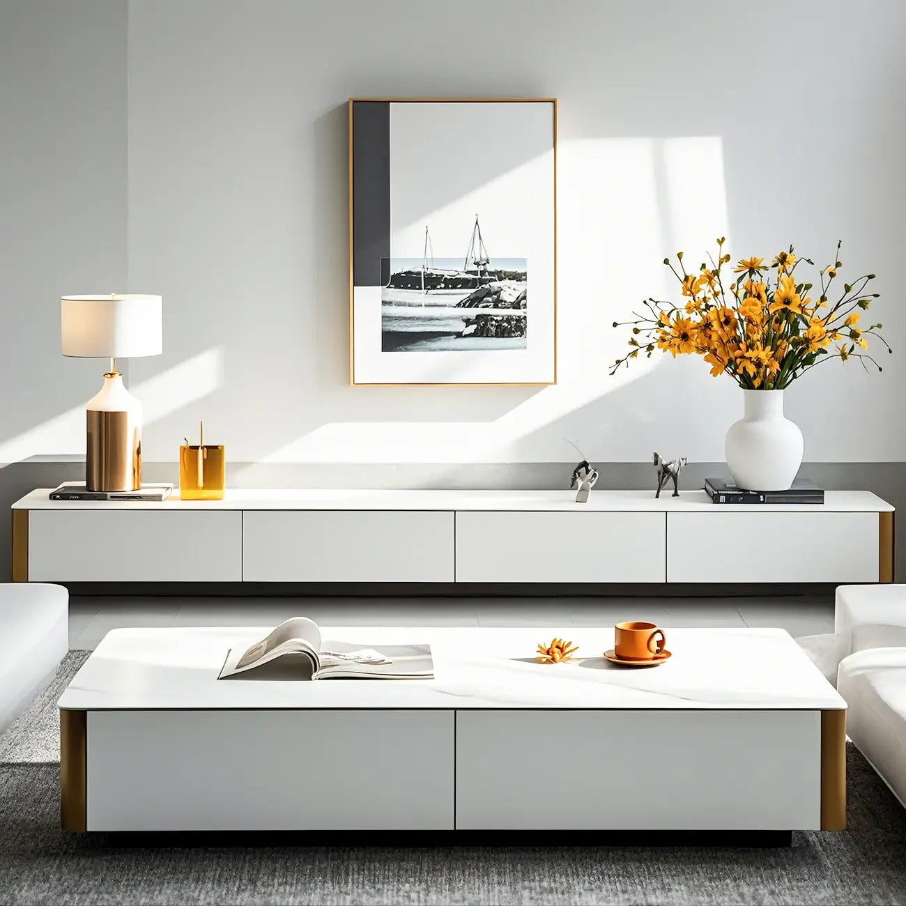 Meuble TV minimaliste en pierre blanche avec rangement pour salon