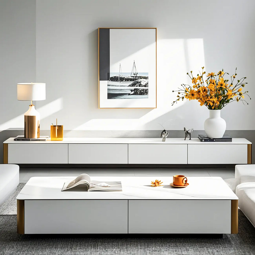 Meuble TV minimaliste en pierre blanche avec rangement pour salon