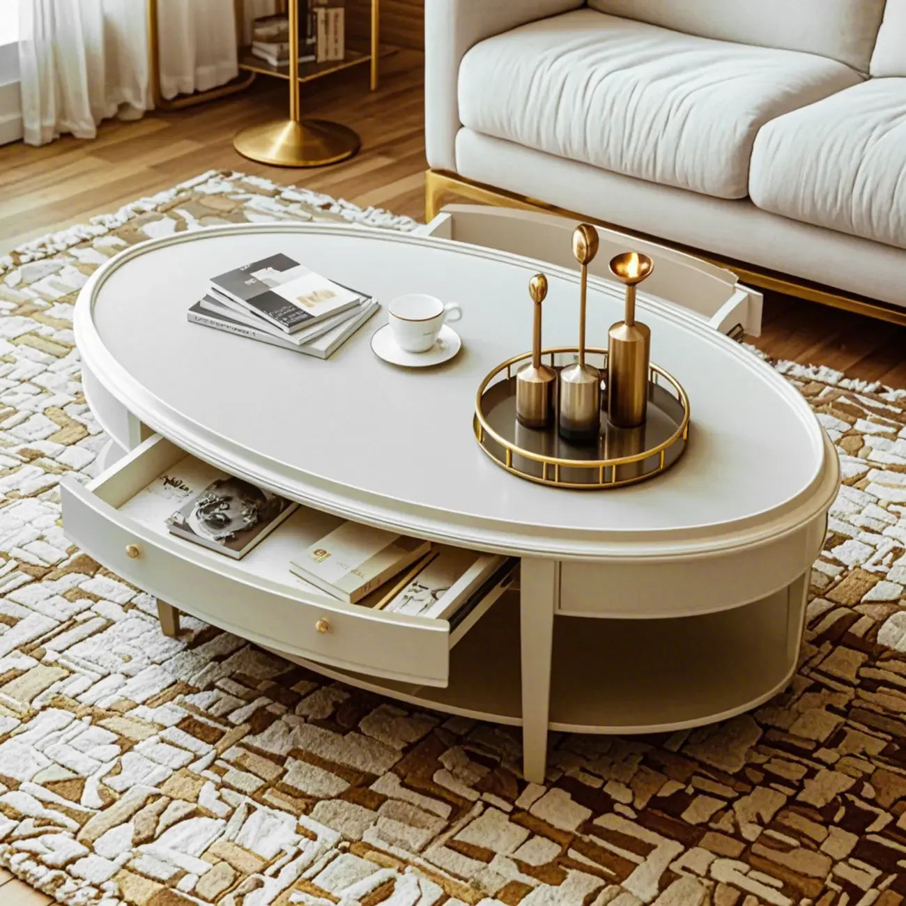 Table basse ovale de luxe en bois avec tiroir pour salon