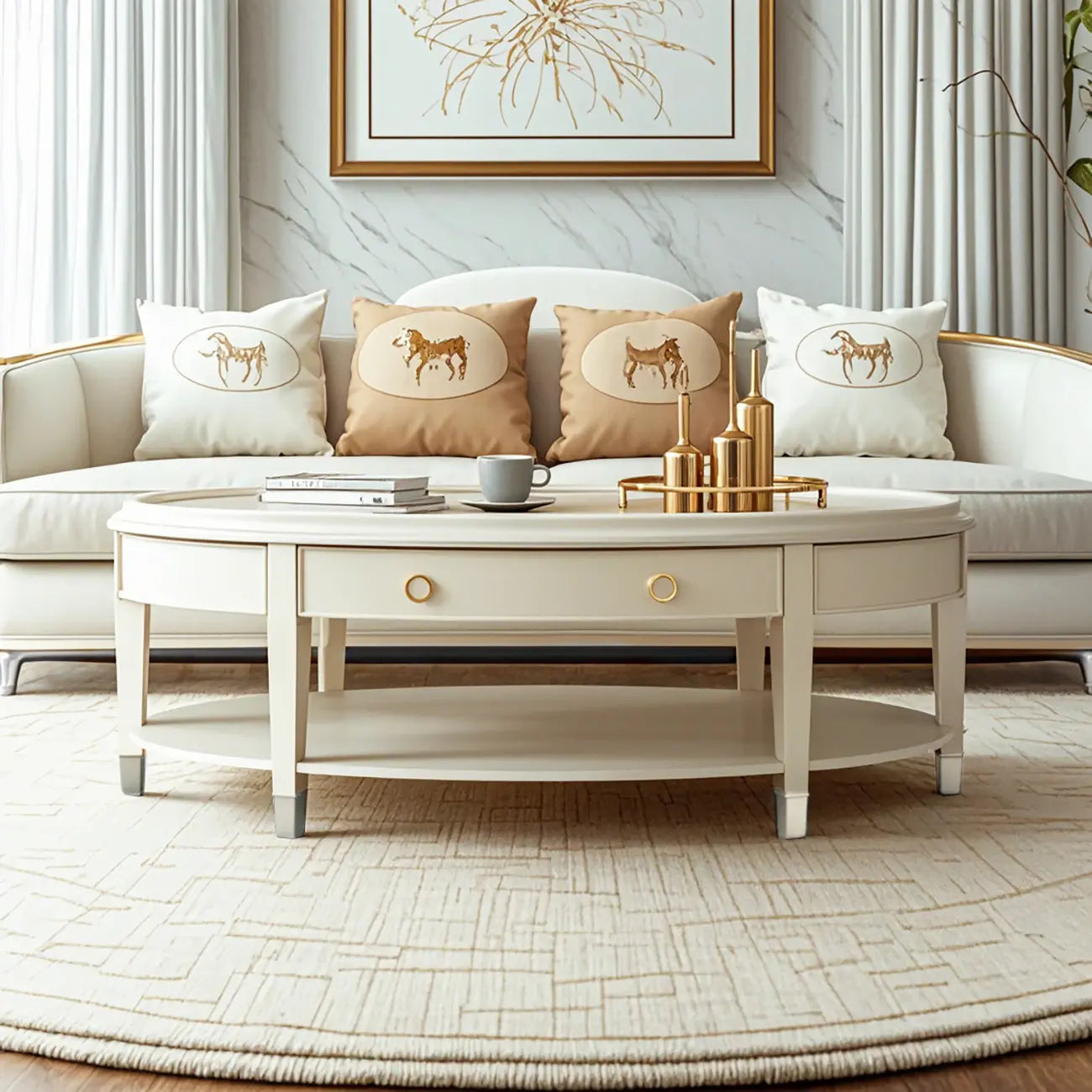 Table basse ovale de luxe en bois avec tiroir pour salon
