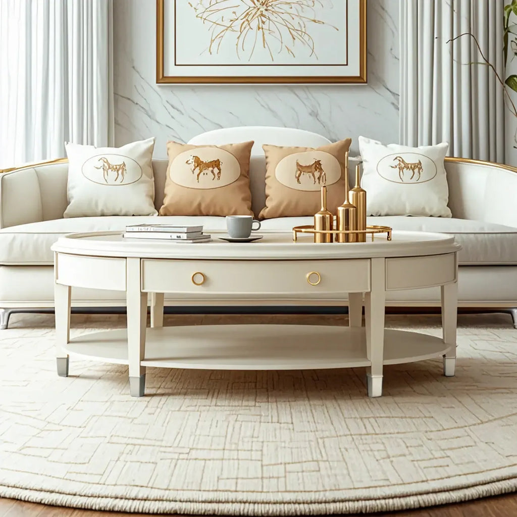 Table basse ovale de luxe en bois avec tiroir pour salon