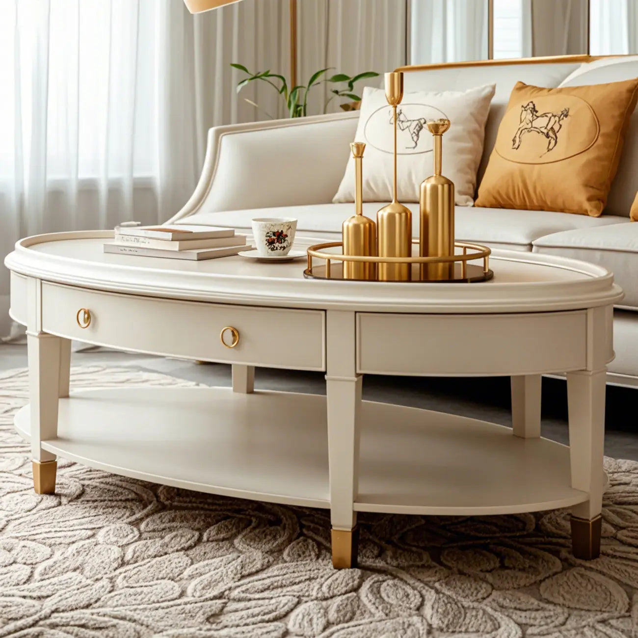 Table basse ovale de luxe en bois avec tiroir pour salon