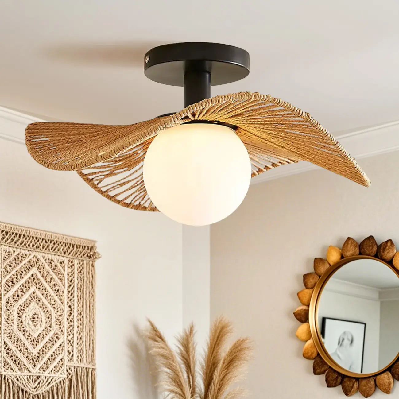 Plafonnier semi-encastré oriental à LED avec abat-jour en rotin