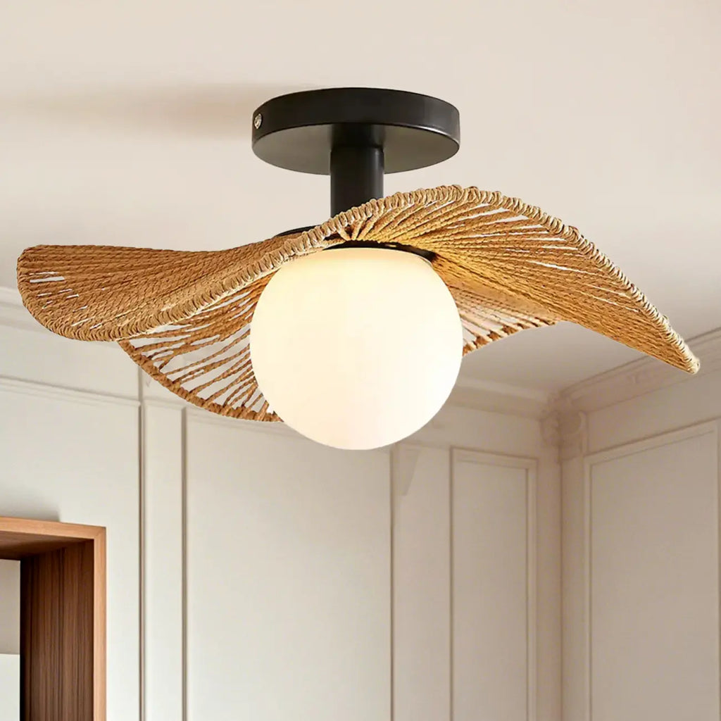 Plafonnier semi-encastré oriental à LED avec abat-jour en rotin