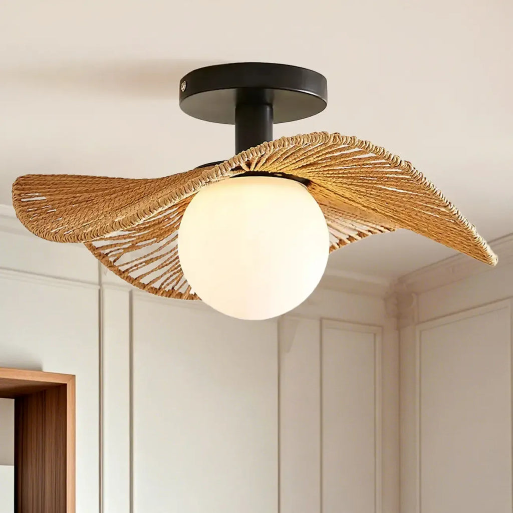 Plafonnier semi-encastré oriental à LED avec abat-jour en rotin