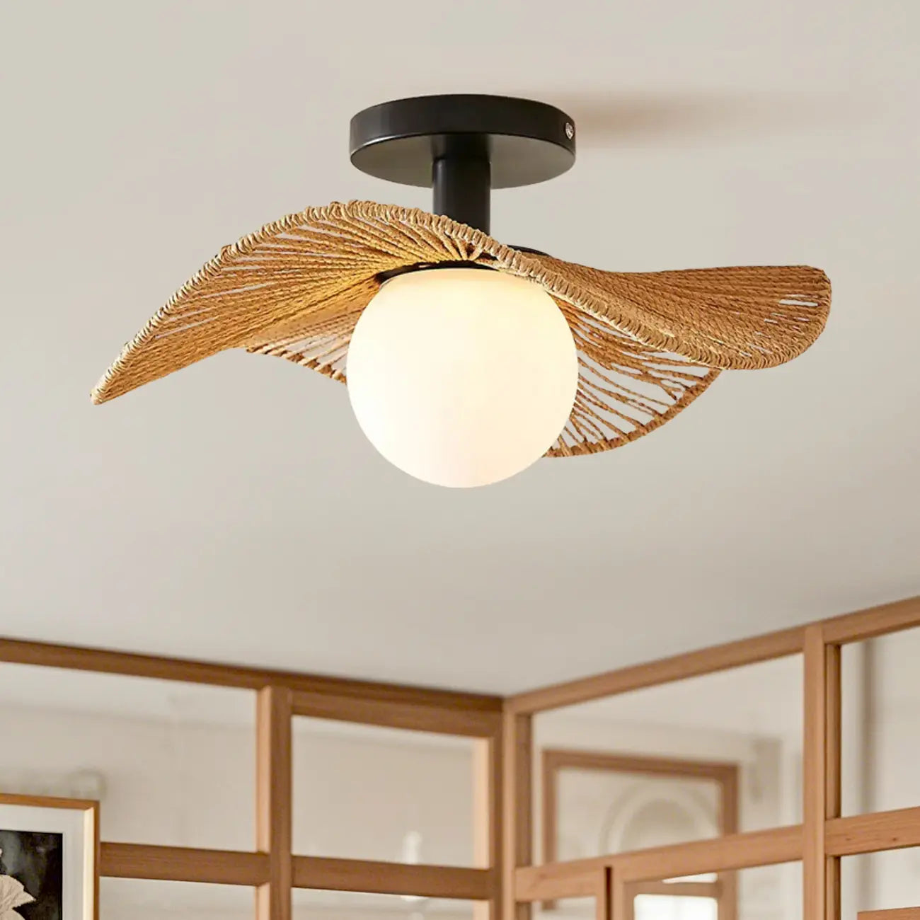 Plafonnier semi-encastré oriental à LED avec abat-jour en rotin