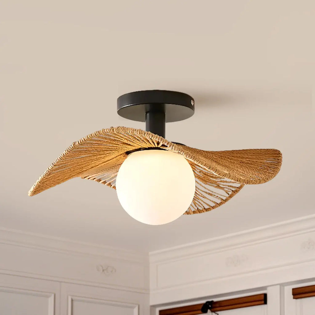 Plafonnier semi-encastré oriental à LED avec abat-jour en rotin