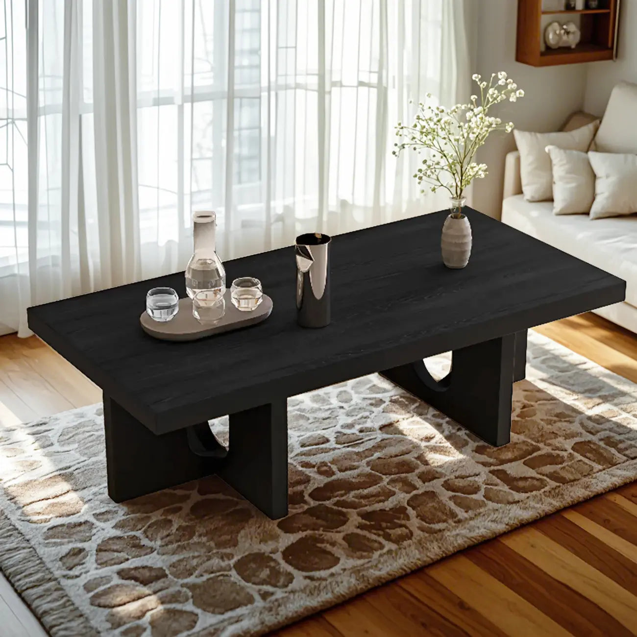 Table basse rectangulaire minimaliste en bois noir pour salon