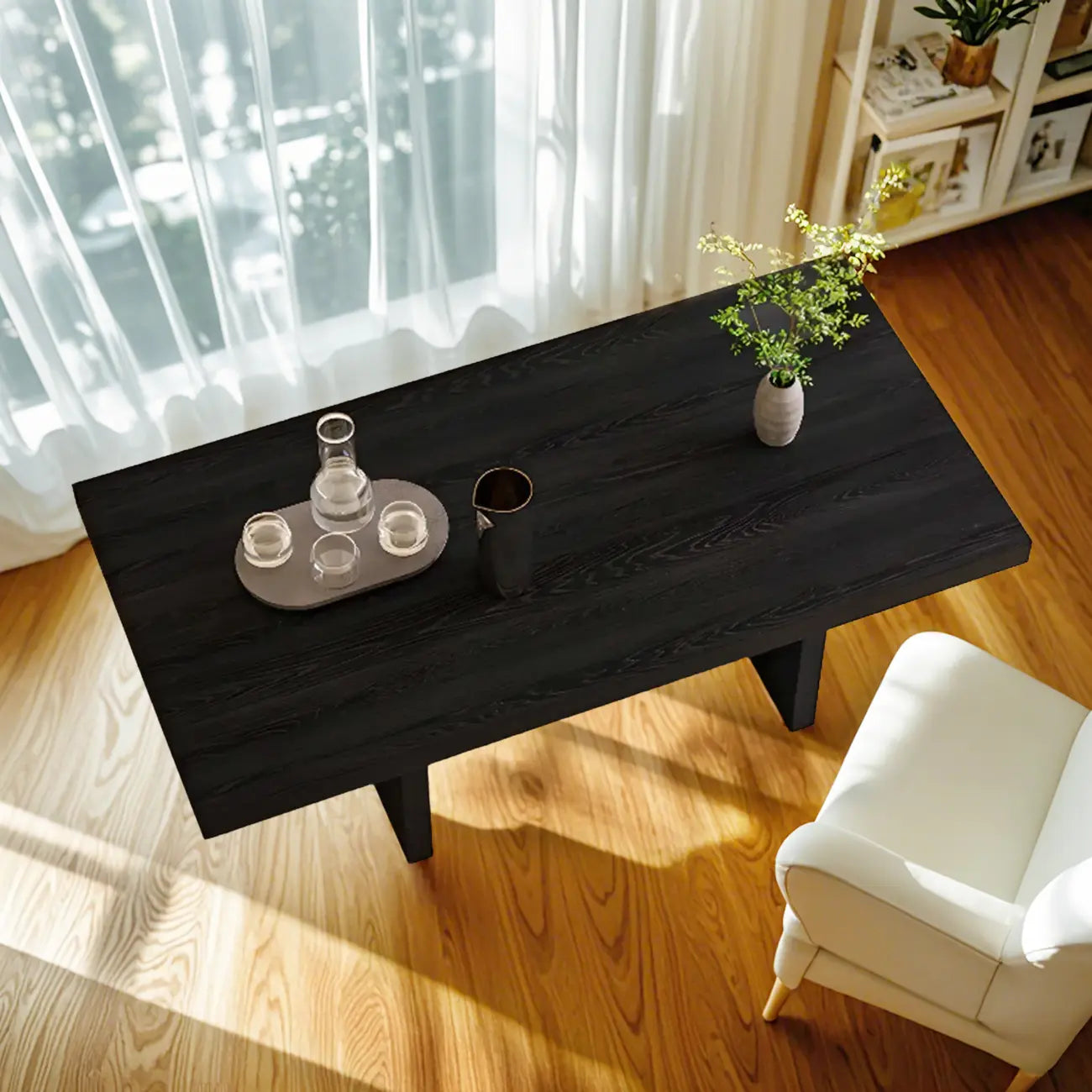 Table basse rectangulaire minimaliste en bois noir pour salon