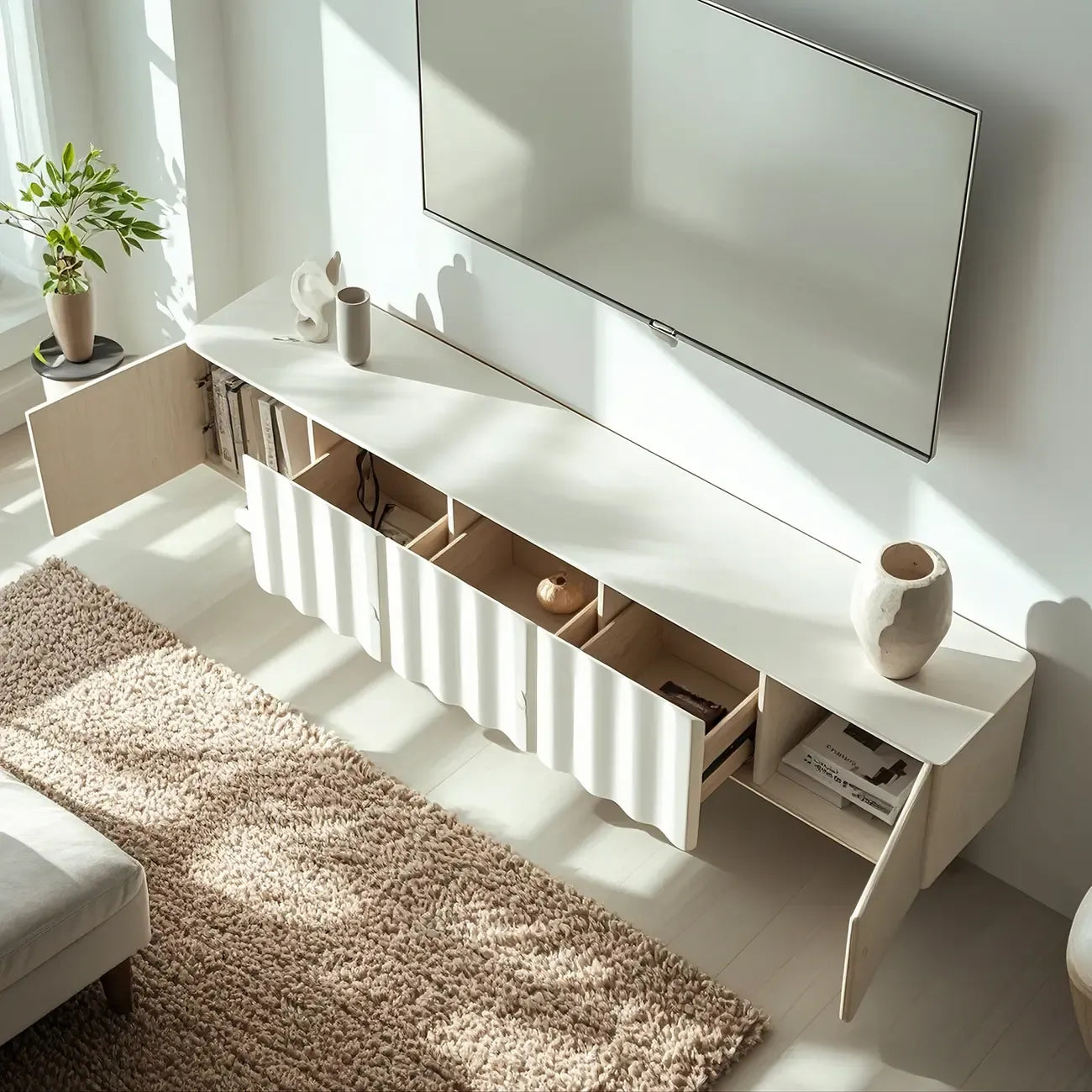 Meuble TV moderne en bois blanc texturé ondulé avec rangement