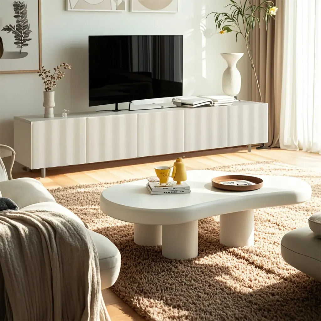 Meuble TV moderne en bois blanc texturé ondulé avec rangement