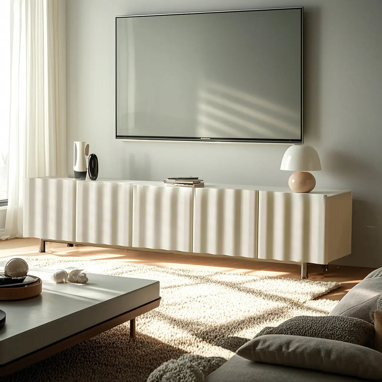 Meuble TV moderne en bois blanc texturé ondulé avec rangement