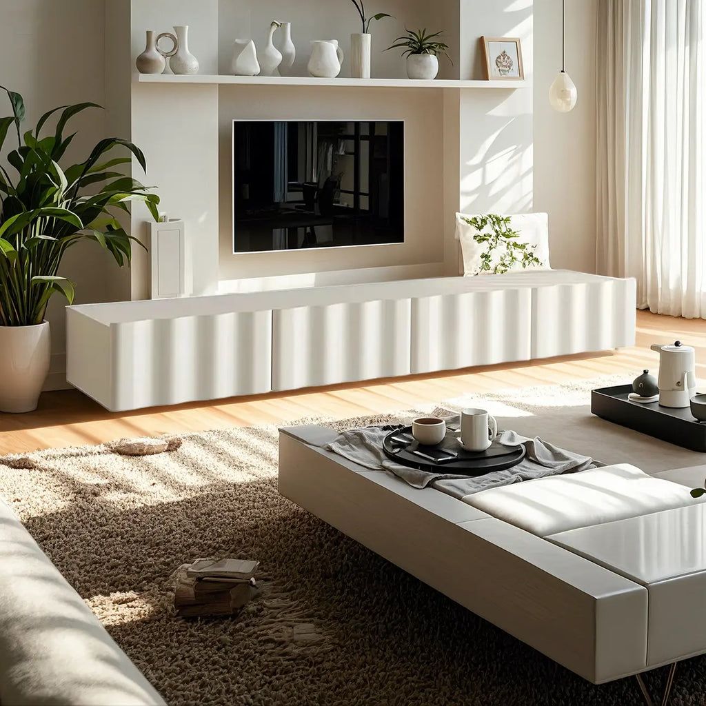Meuble TV moderne en bois blanc texturé ondulé avec rangement