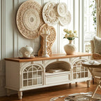 Mobile TV 59" in legno bianco ad arco, stile Country francese, con spazio contenitore