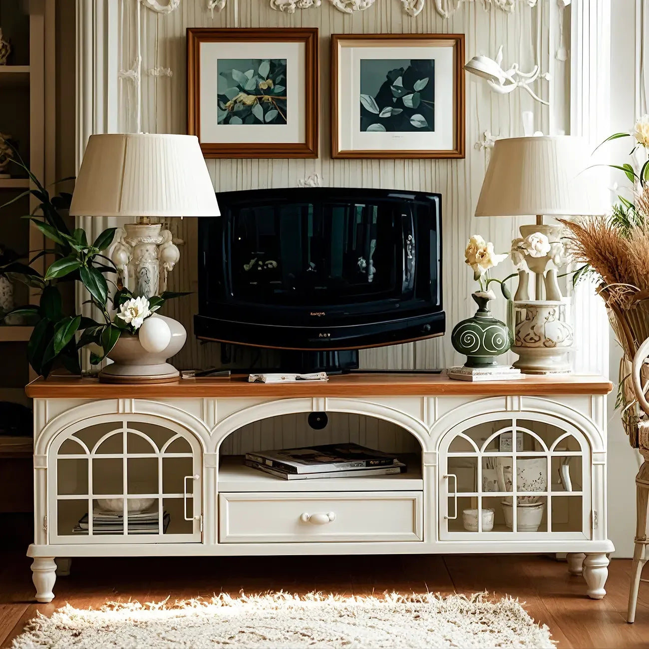 Mobile TV 59" in legno bianco ad arco, stile Country francese, con spazio contenitore