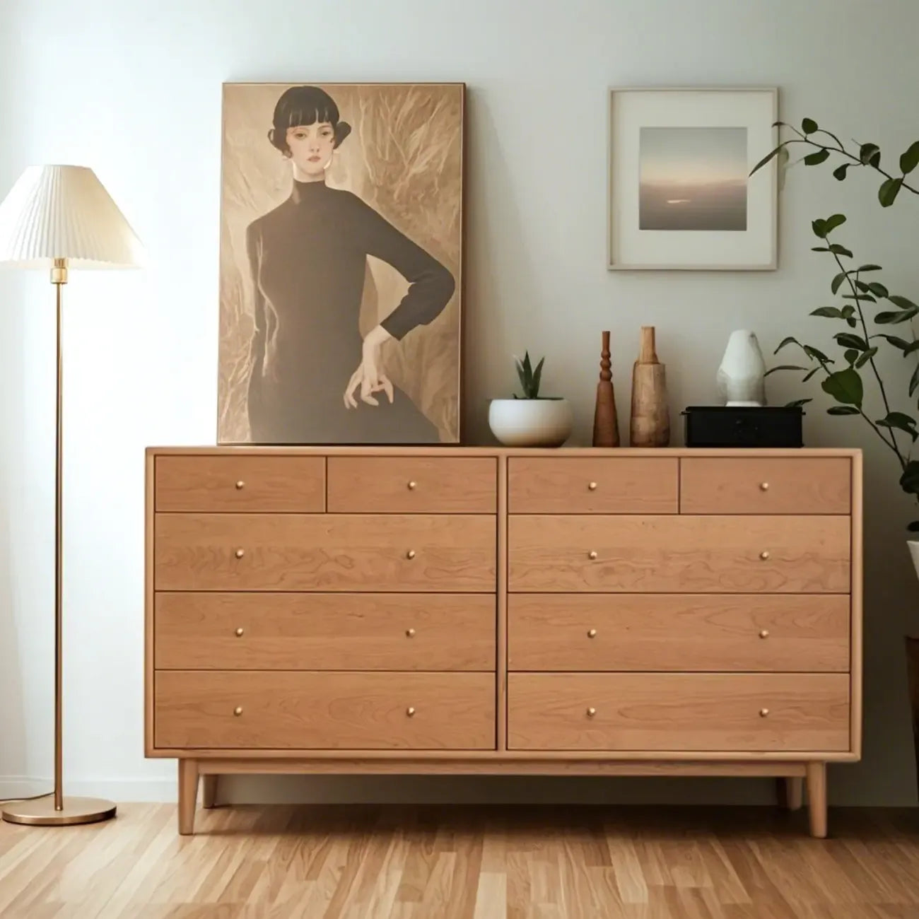 Commode double élégante en bois de cerisier avec 5 tiroirs pour chambre à coucher