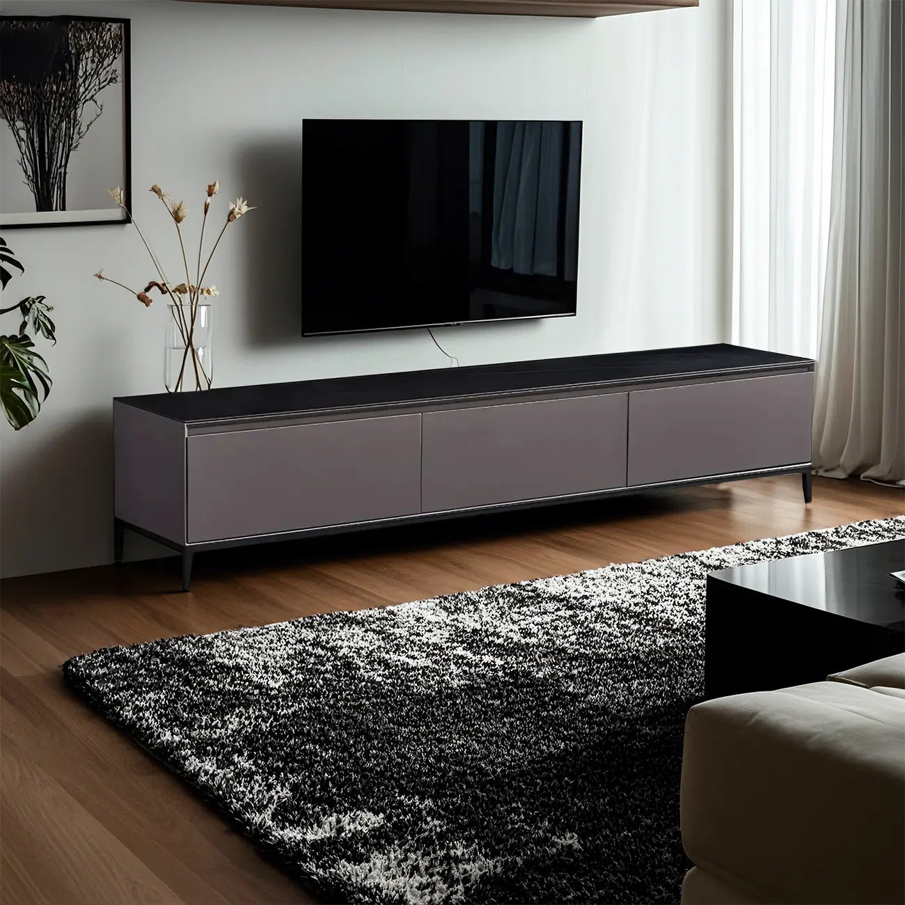71 Mobile TV con vani contenitori e ripiano in marmo nero per soggiorno