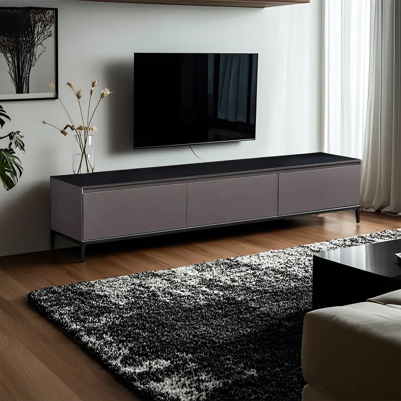 71 Mobile TV con vani contenitori e ripiano in marmo nero per soggiorno