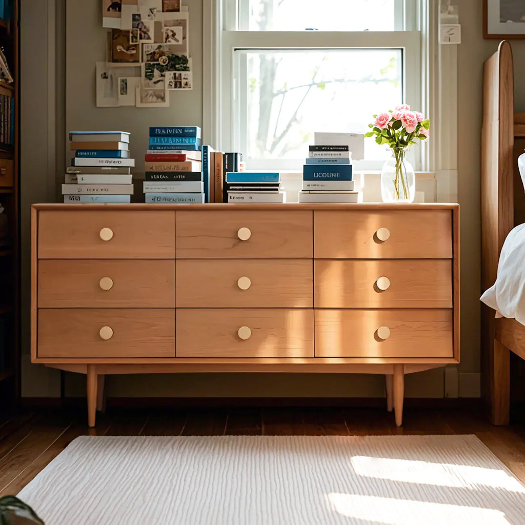 Commode contemporaine extra large à 9 tiroirs en pin brun