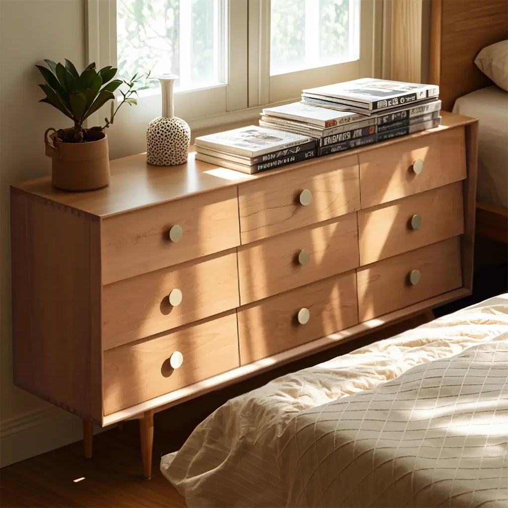 Commode contemporaine extra large à 9 tiroirs en pin brun