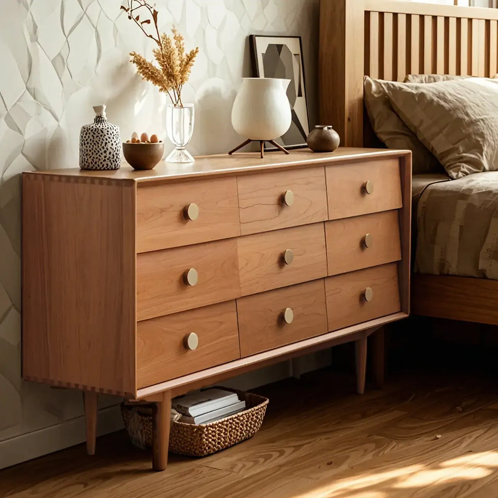 Commode contemporaine extra large à 9 tiroirs en pin brun