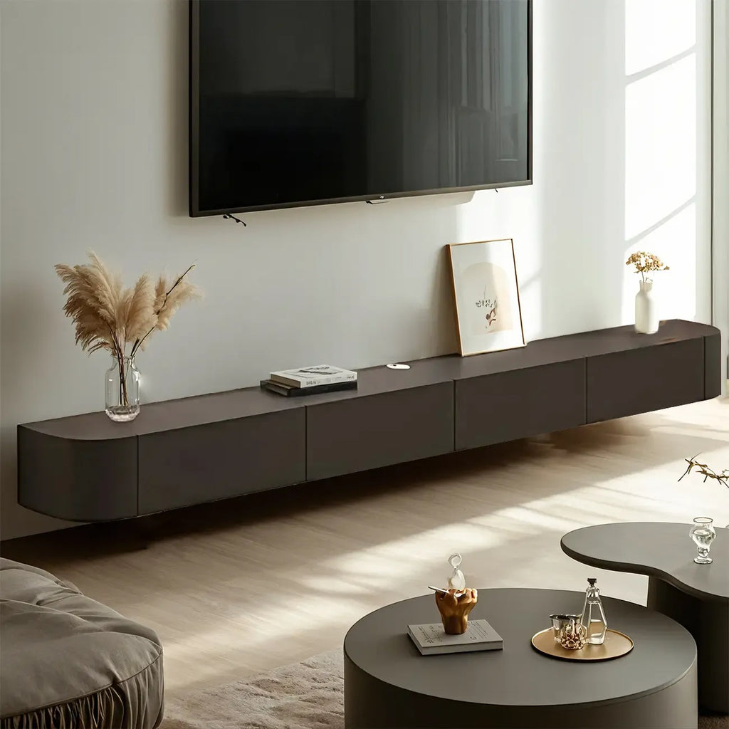 Meuble TV flottant de rangement en chêne noir moderne 87