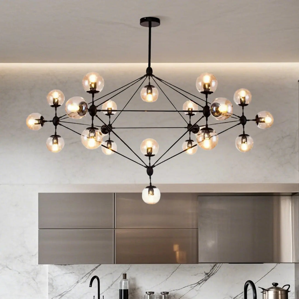 Lustre industriel noir à globe avec abat-jour en verre cognac