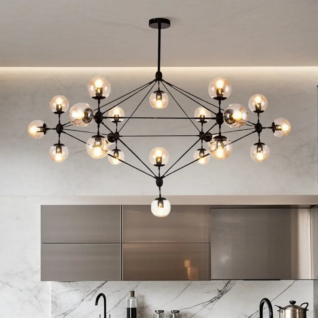 Lustre industriel noir à globe avec abat-jour en verre cognac