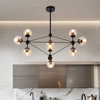 Lustre industriel noir à globe avec abat-jour en verre cognac