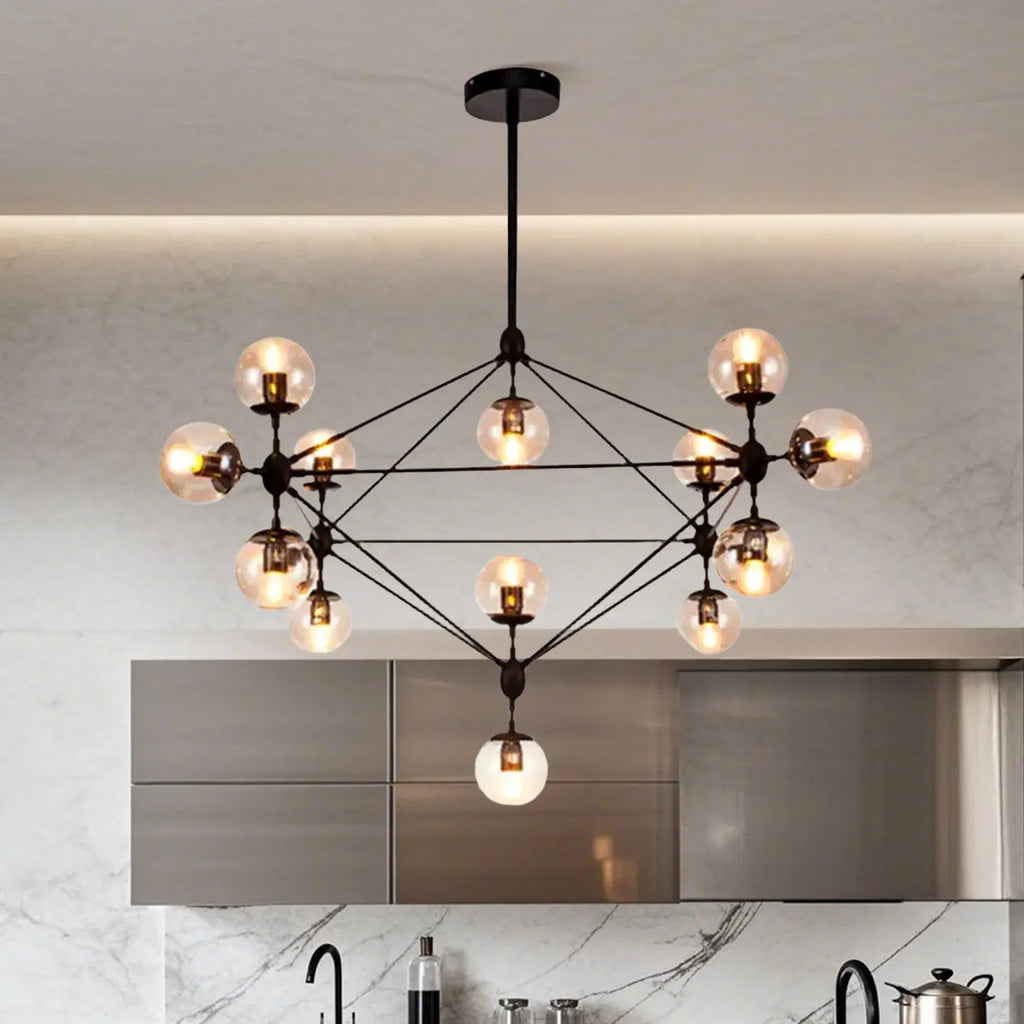 Lustre industriel noir à globe avec abat-jour en verre cognac