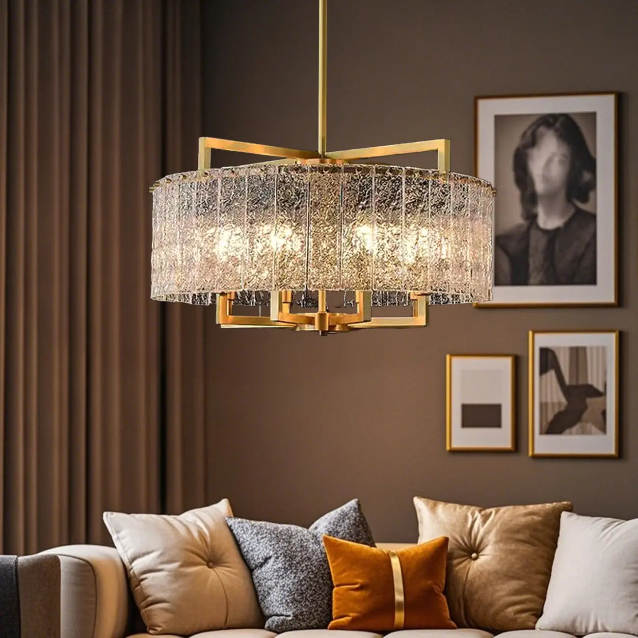 Lustre rond moderne en cristal avec cadre doré pour la décoration