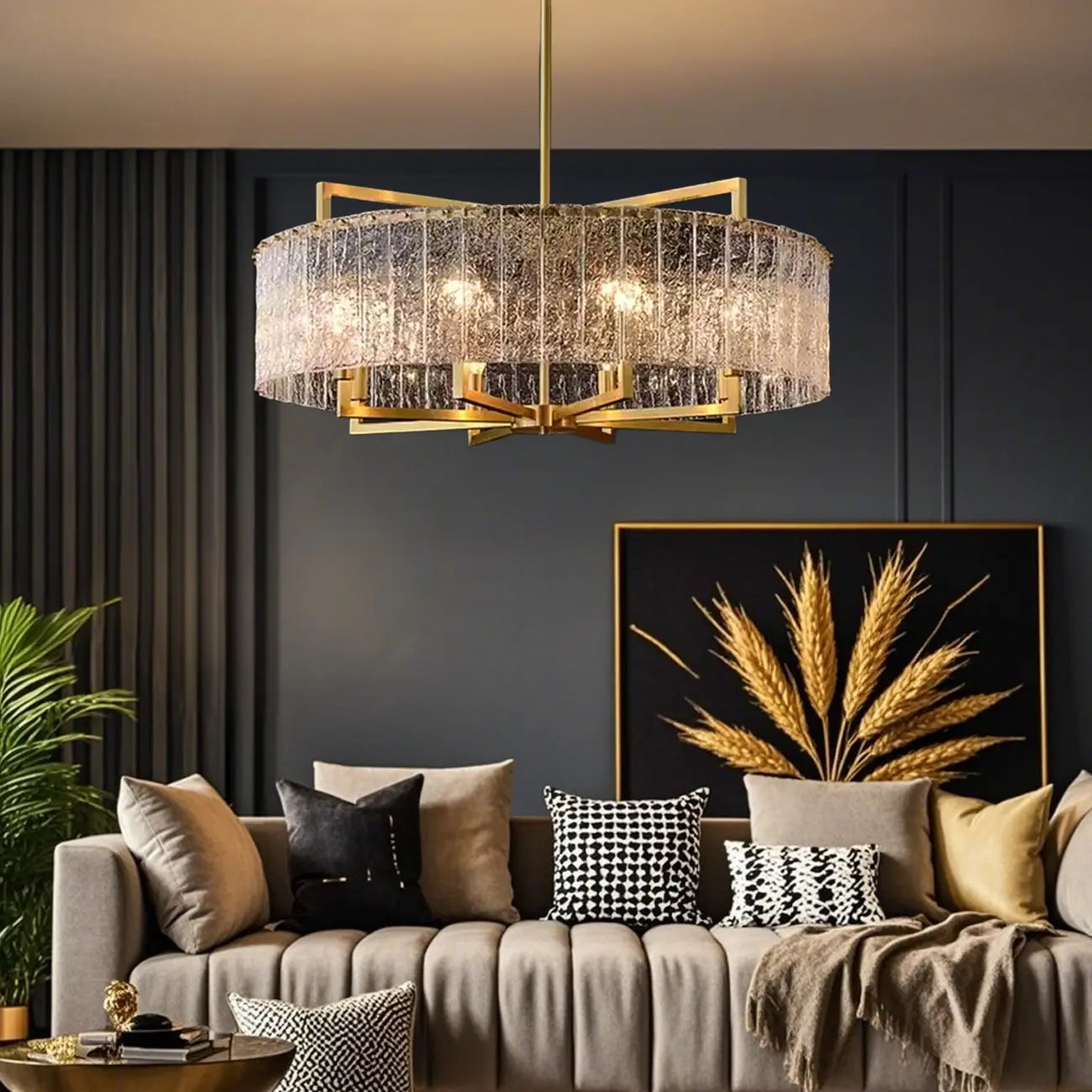 Lustre rond moderne en cristal avec cadre doré pour la décoration