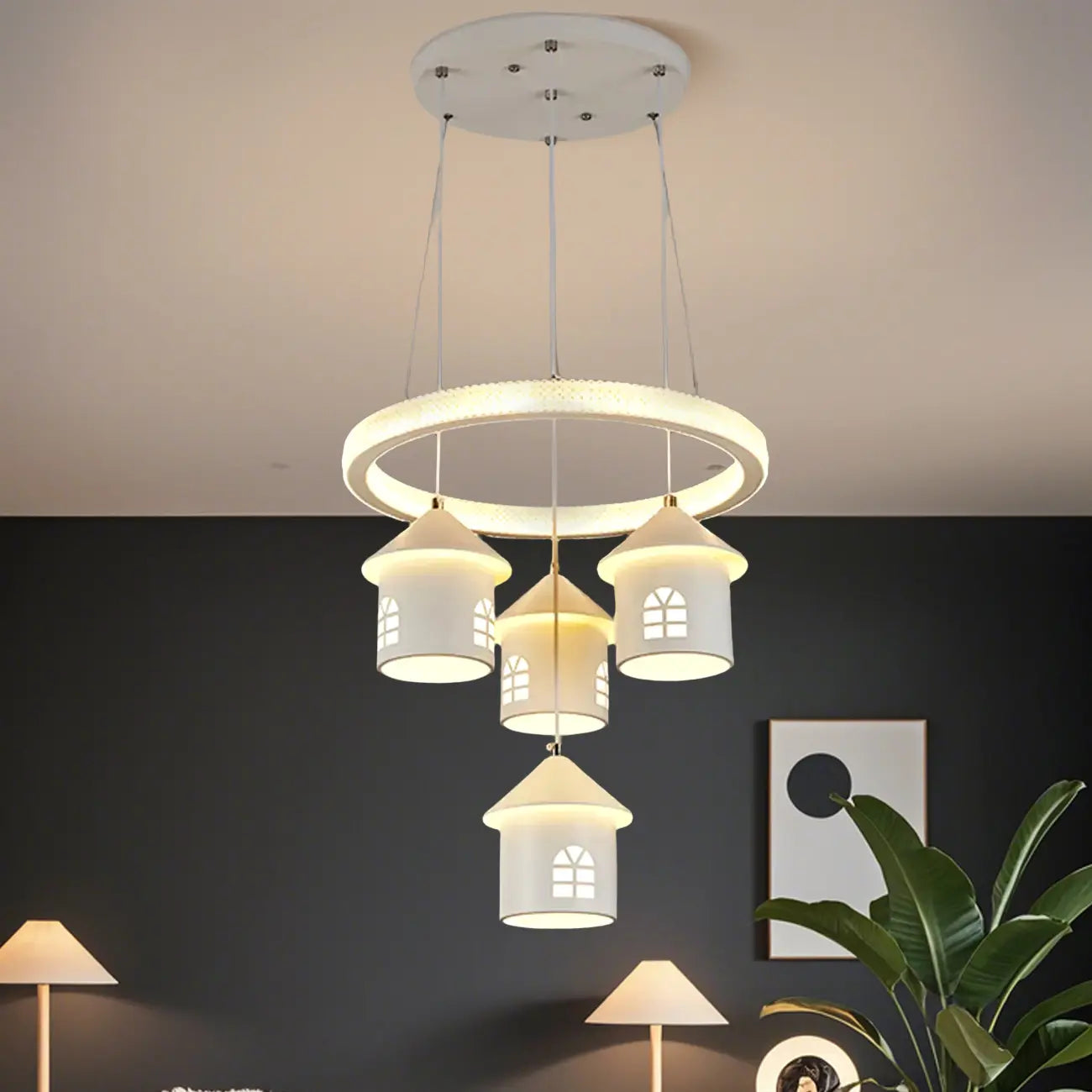 Lustre moderne à 4 lumières LED au design unique.