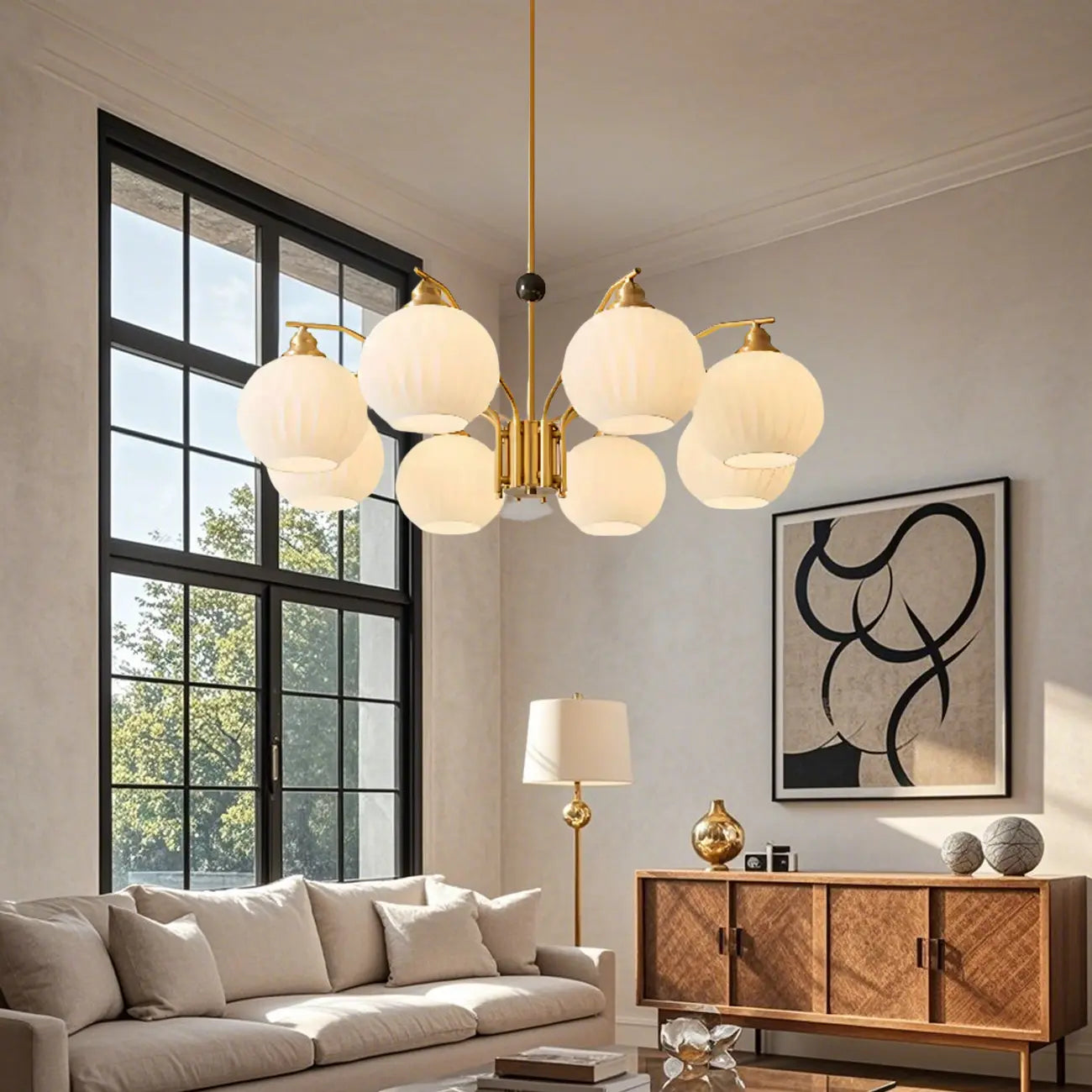 Lustre moderne à 8 lumières en verre avec globe et hauteur réglable