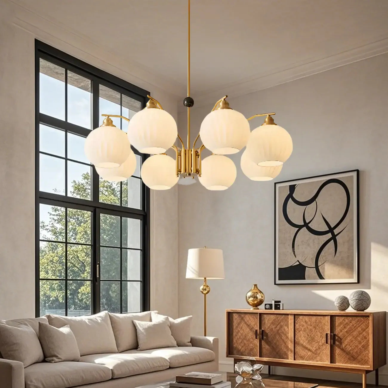 Lustre moderne à 8 lumières en verre avec globe et hauteur réglable