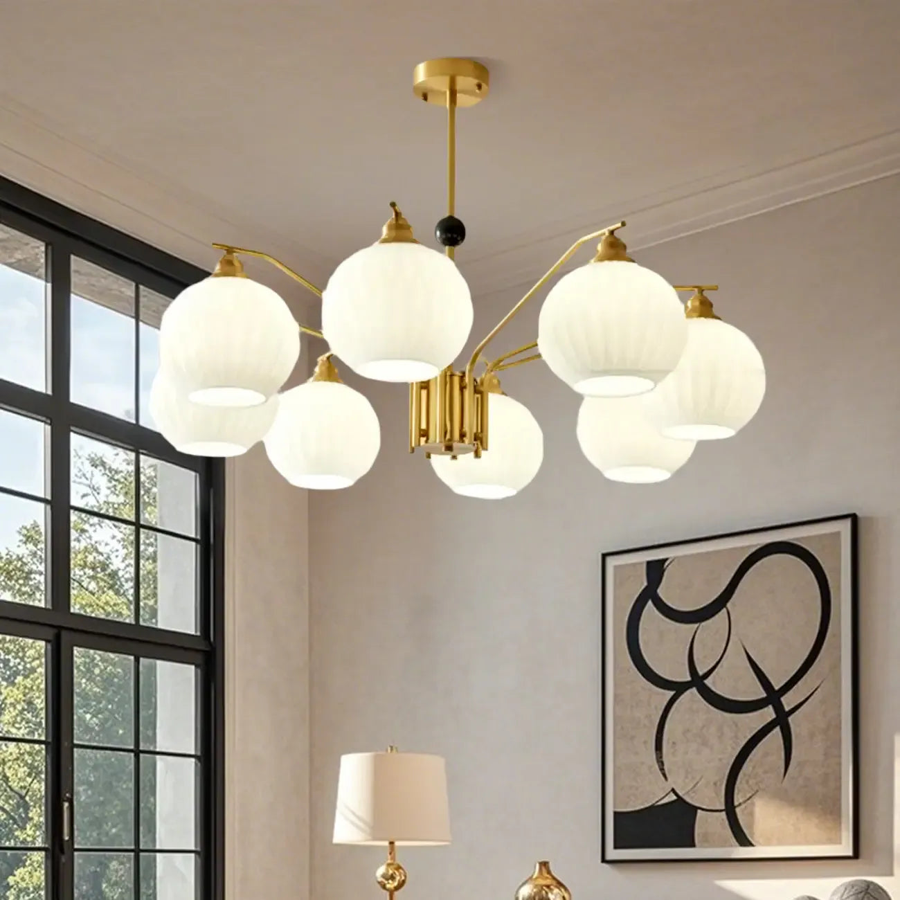 Lustre moderne à 8 lumières en verre avec globe et hauteur réglable